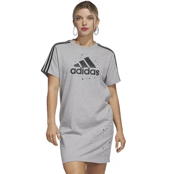 ✨ADIDAS Celestial T-Shirt Dress Relaxed Fit Oversized Gray Black Size XS Stars - Picture 1 of 7